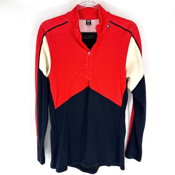 Helly Hansen Wool Blend Ski Half Zip Red Orange Navy Cream XL - Picture 1 of 7